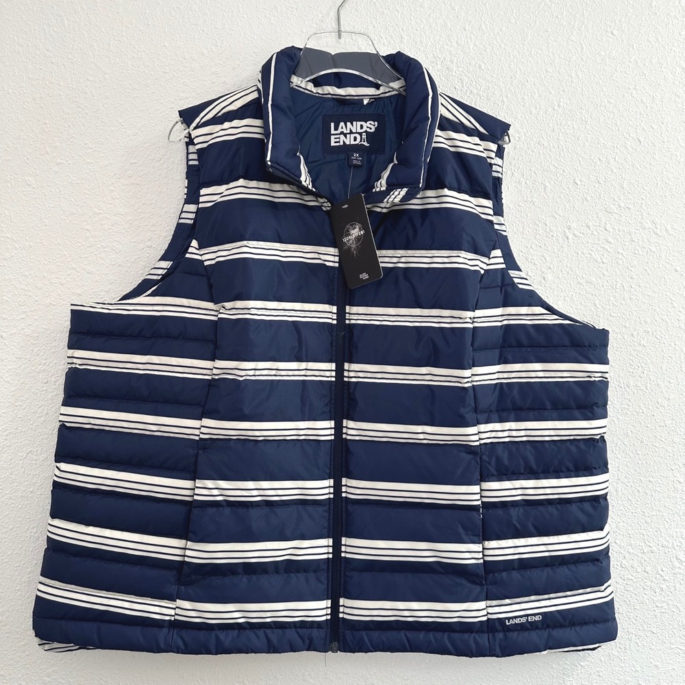 Lands End Puffer Vest Women 2x Navy Striped 600 Down Fill Cozy Nautical NWT